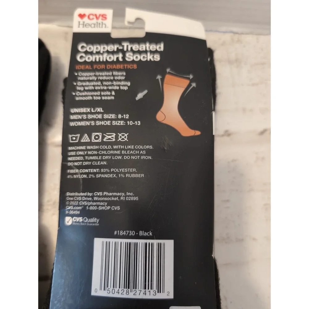 2 Pks. Copper-Treated Comfort Unisex Crew Socks Size L/XL Black 6 pairs (K23)